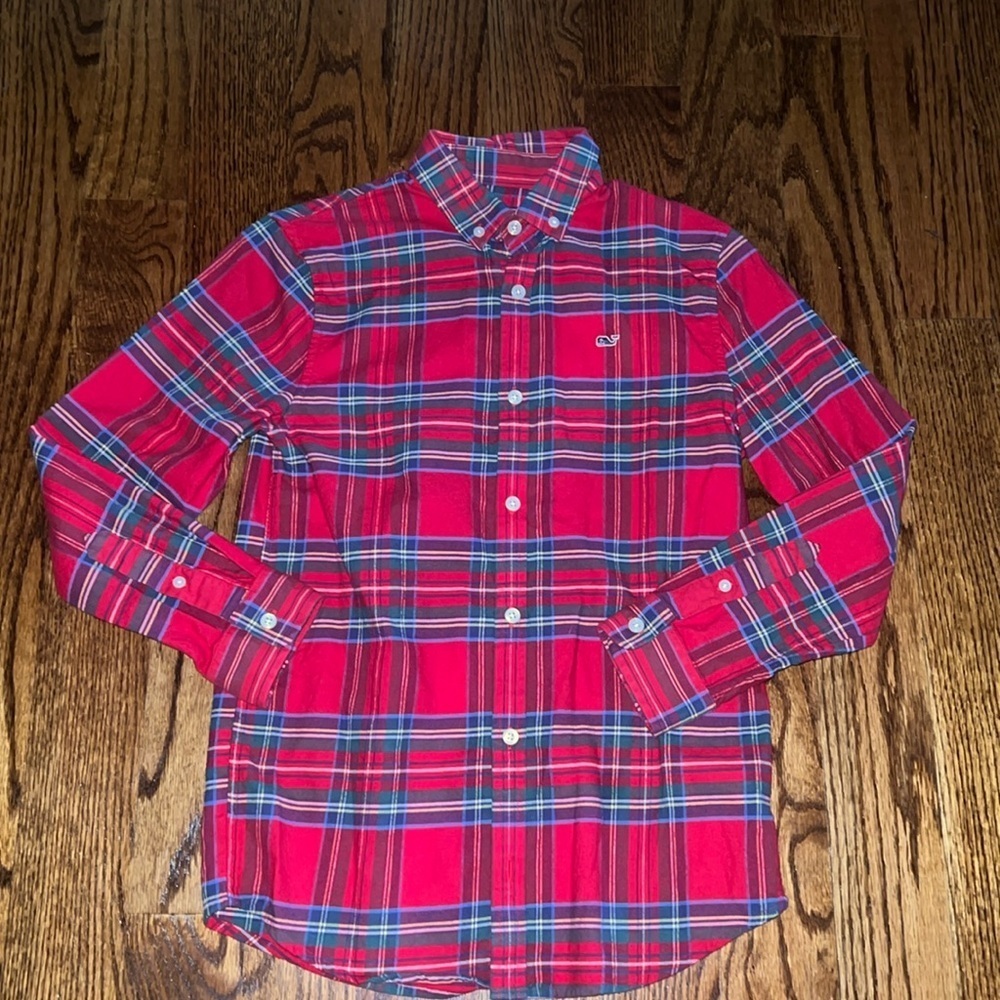 Vineyard Vines boys flannel holiday red tartan plaid Christmas shirt size L (16)